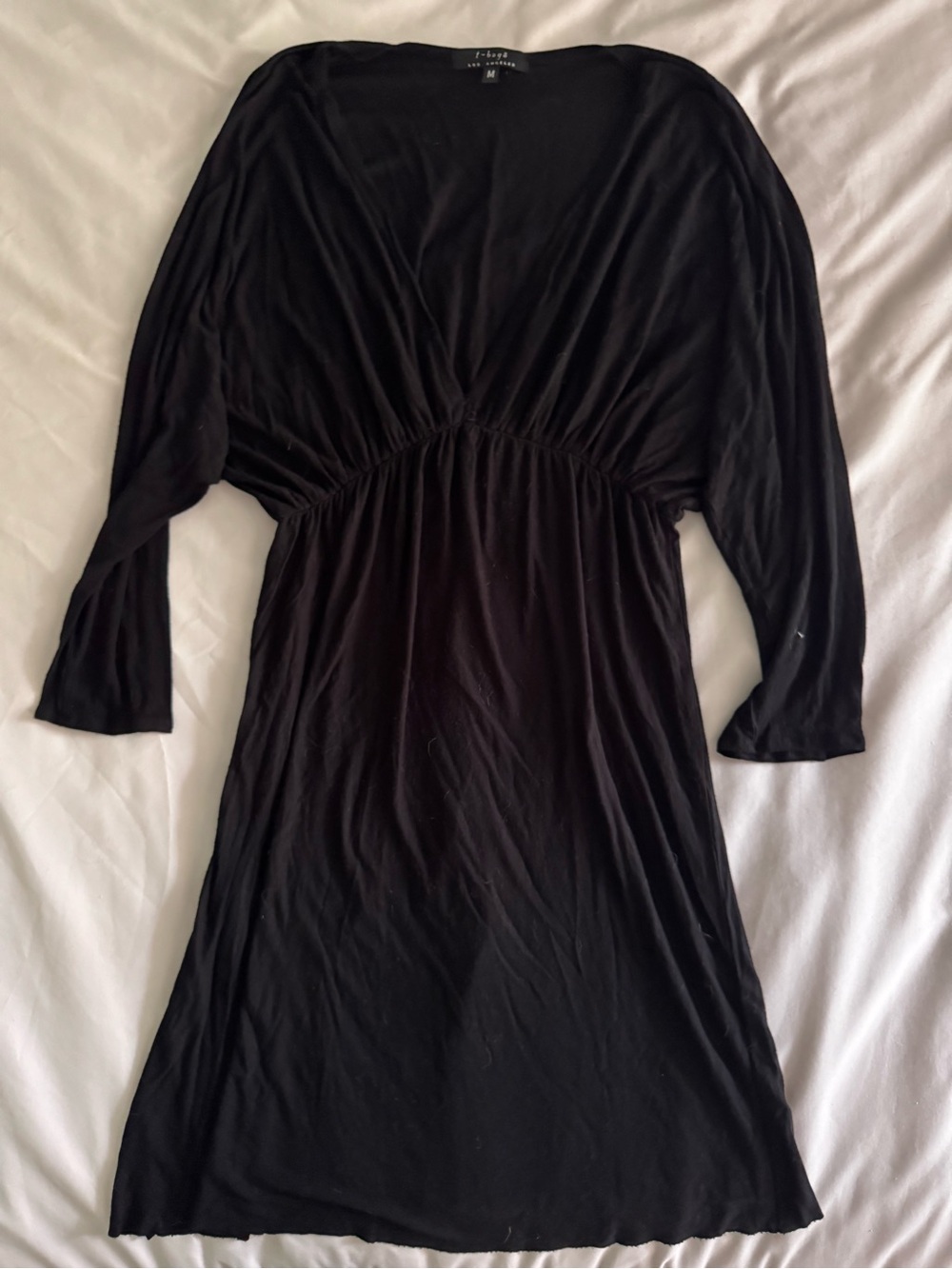 T-Bags Black Long Sleeve V-Neck Gathered Waist Dress